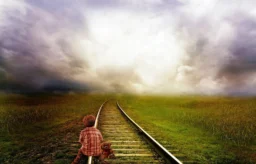 Child with teddy bear on train tracks